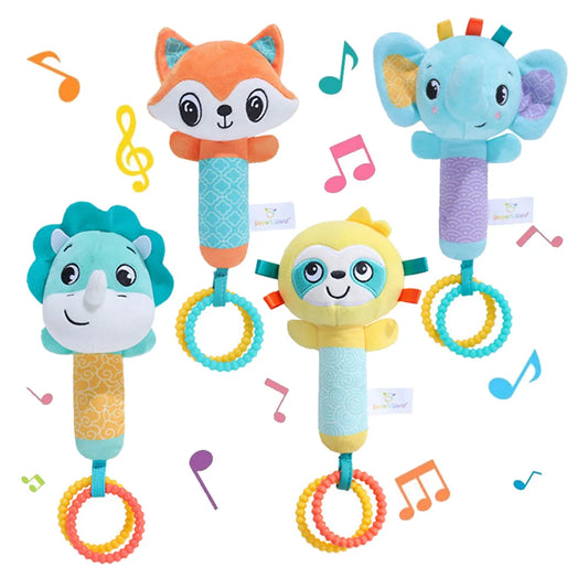 Baby Rattles Soft Hand Crank Toys Cartoon Animal with BB Call Voice Plush Toys Squeaky Sensory Travel Accessories for Toddler