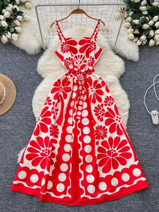 Summer Holiday Polka Dot Floral Spaghetti Strap Dresses Women Beach Print Elastic Backless Lace Up Sexy Party Boho Long Sundress