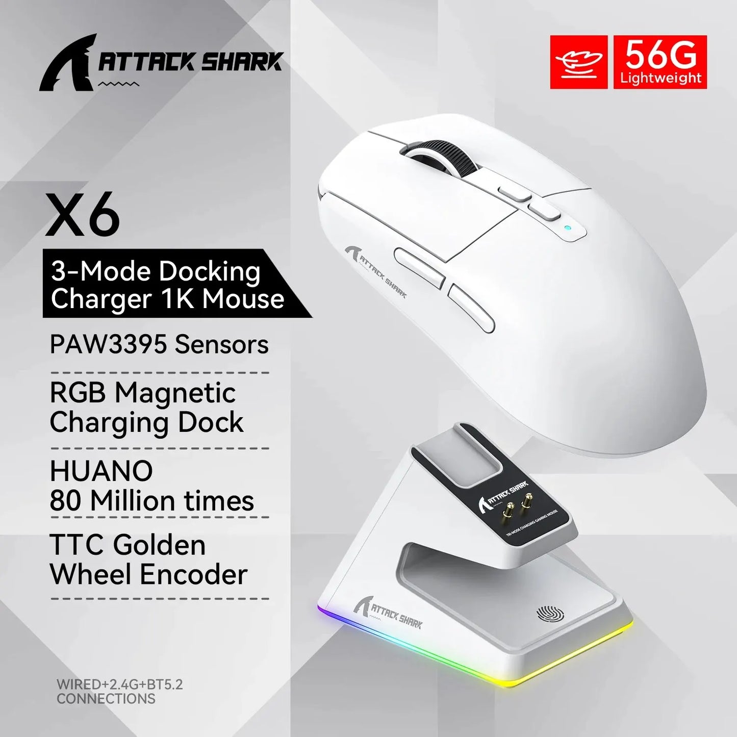Șoarece de gaming wireless X6 ușor cu 3 moduri de încărcare cu fir 2.4G BT5.2 până la 26K DPI RGB Backlight pentru laptop desktop