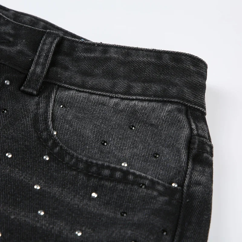 Streetwear Rhinestone Jeans Women High Waist Fashion Loose Straight Wide Leg Denim Trousers Chic Grunge Harajuku Cargo Pants