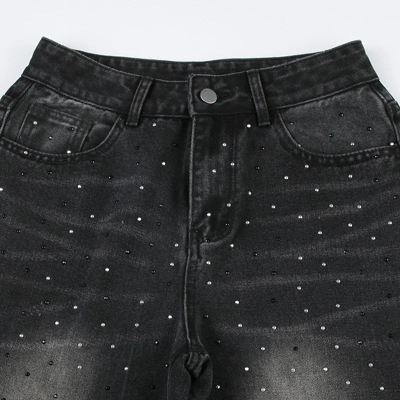 Streetwear Rhinestone Jeans Women High Waist Fashion Loose Straight Wide Leg Denim Trousers Chic Grunge Harajuku Cargo Pants