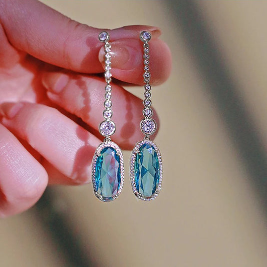 Huitan Aesthetic Long Hanging Earrings for Women Blue Cubic Zirconia Pendant Fashion Luxury Female Wedding Party Jewelry Gifts