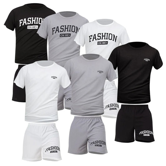 2 Piece Men's Summer Texture Solid Color Printing Suit Loose Sports Fitness Joker Breathable Short-sleeved Shorts Young Fashion