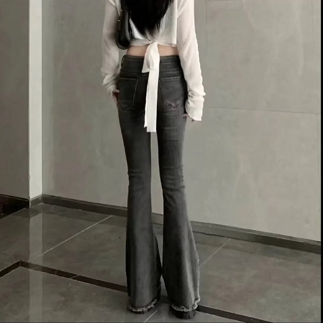 American Style Slimming Jeans Women's Spring Autumn Vintage Micro Flared Trousers Low Waist Elastic Body Shaping Waistband