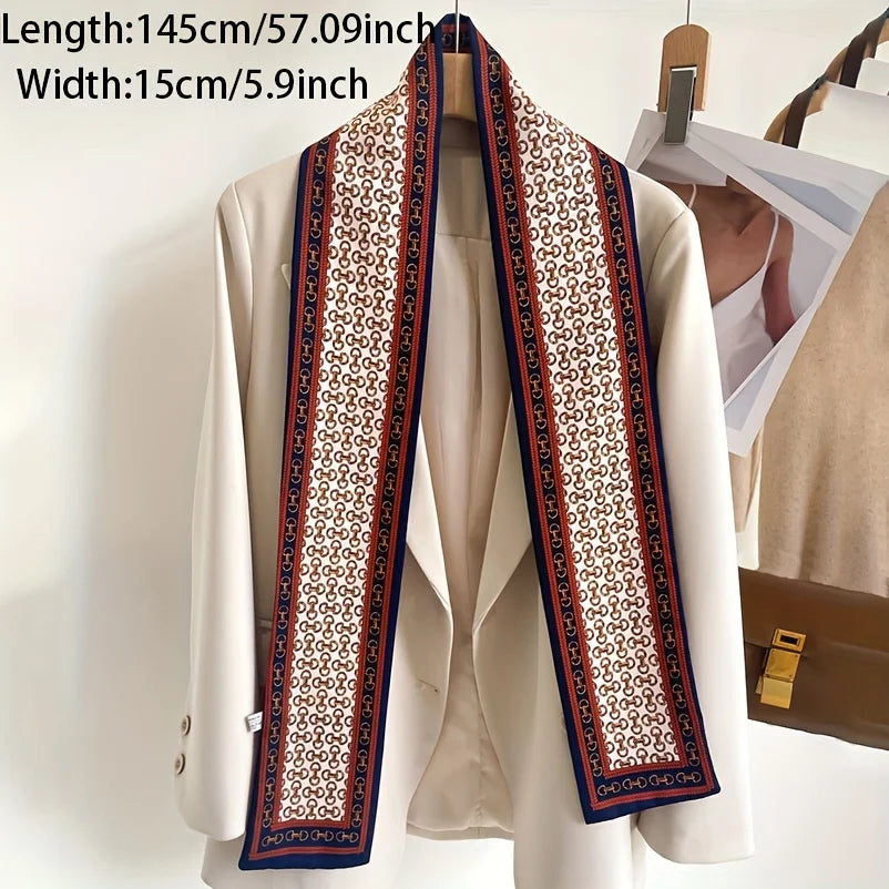 Double Sided Printed Streamer Scarf, Elegant Thin Narrow Neck Scarf Professional Shirt Matching Silky Scarf For Women
