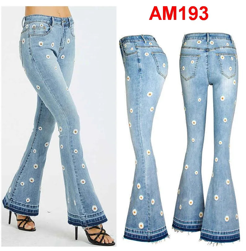 Women's Jeans Embroidered Flower Flared Denim Pants Multiple Styles Flared Jeans For Choose