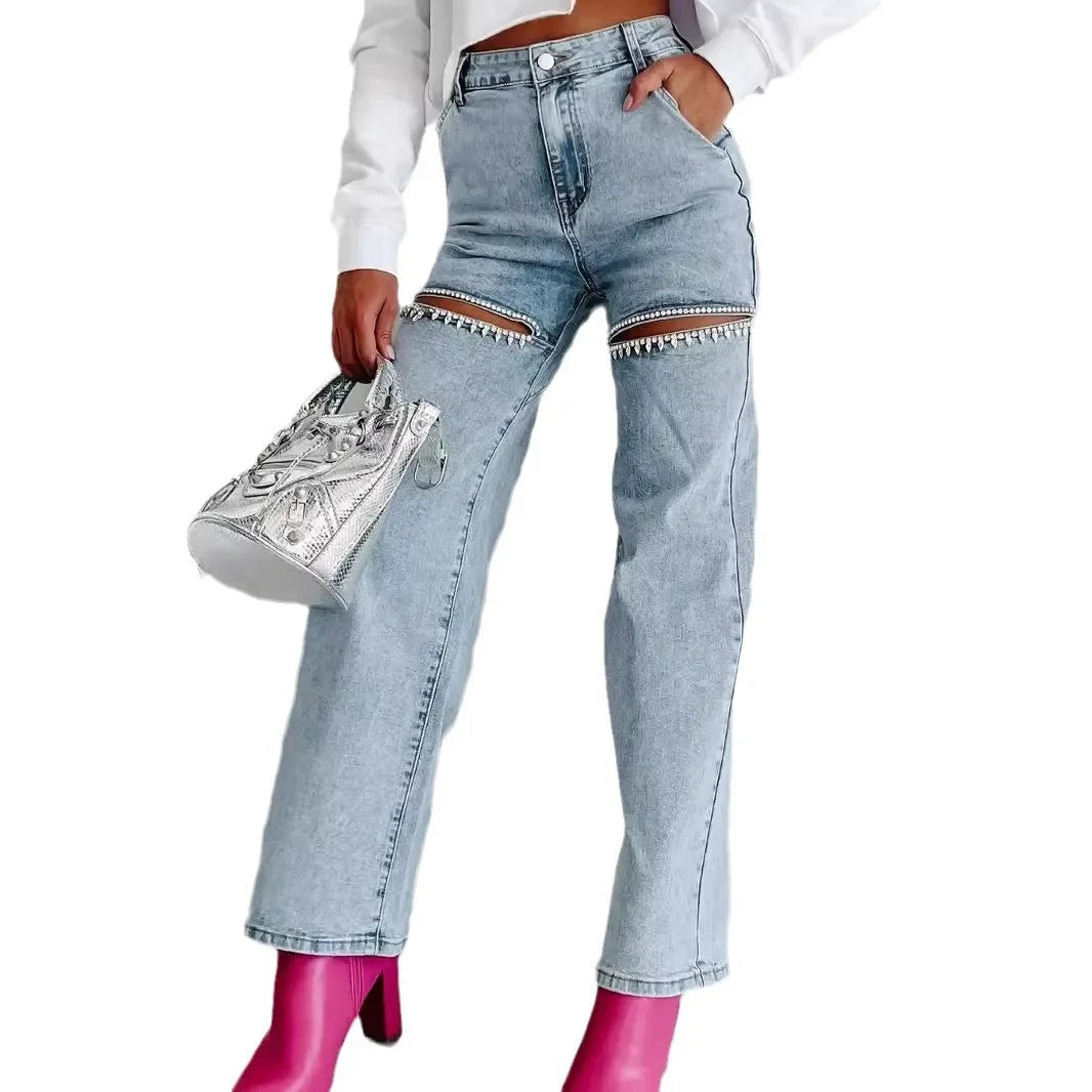 Fashionable Casual Women's Jeans Hole Design Straight Leg Spring Summer 2024 Cross-Border Independent Station Wish