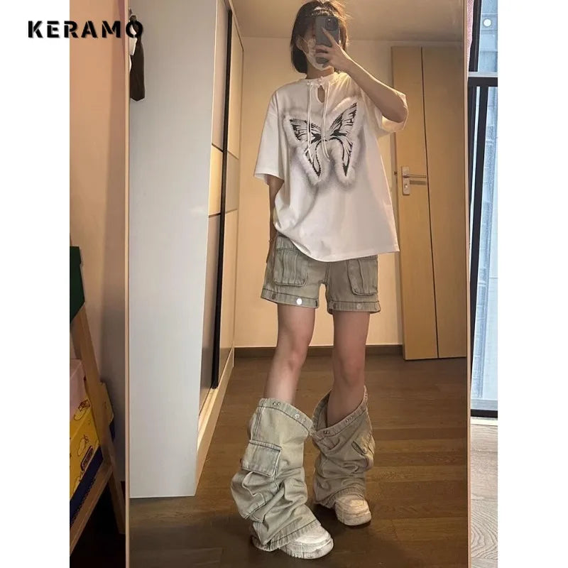 Harajuku Vintage High Waist Loose Jeans Pockets Patchwork Sexy Pants Women's Y2K Wide Leg Baggy High Street Style Denim Trouser