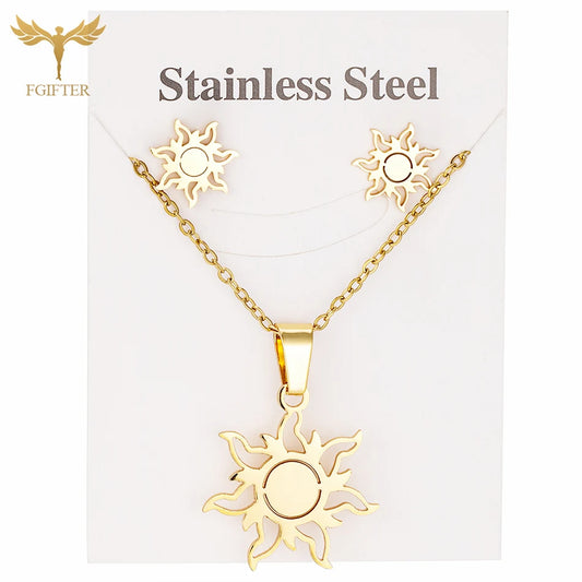 Fashion Sun flower Stud Earrings Pendant Chain Necklace For Women Golden Stainless Steel Jewelry Set Ear Neck Accessories Gifts