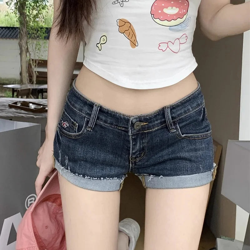 Women Summer Chic Sexy Denim Shorts Pants Lady Designer Low Waist Slim Fit Hot Pants Female Fashion Deep Blue Hip Wrapping Jeans