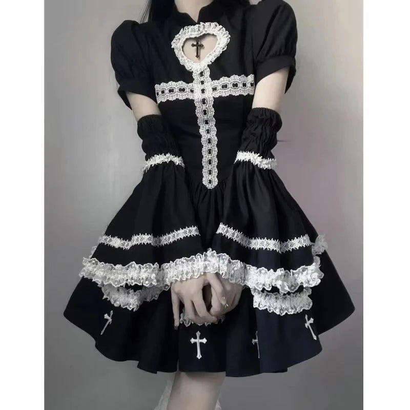 Y2K Black Mini Dress Women Harajuku Gothic Cross Ruffles Dresses Japanese Kawaii Lolita Lace Puff Short Sleeve Bodycon Vestidos