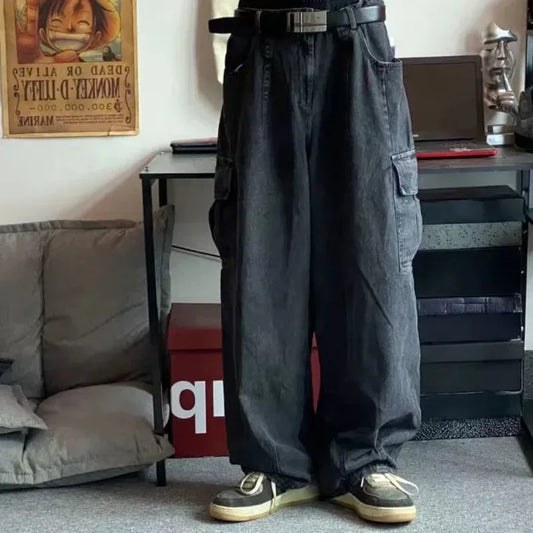 2024 New Black Baggy Jeans Men Oversize Korean Fashion Cargo Wide Denim Pants Streetwear Y2k Pants Male Sweatpants