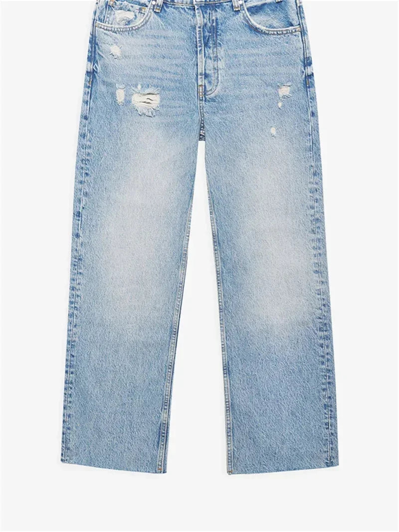 Women's Light Blue Versatile Hole Jeans Spring Summer New Ladies High-Waisted Fringe Straight Denim Pants