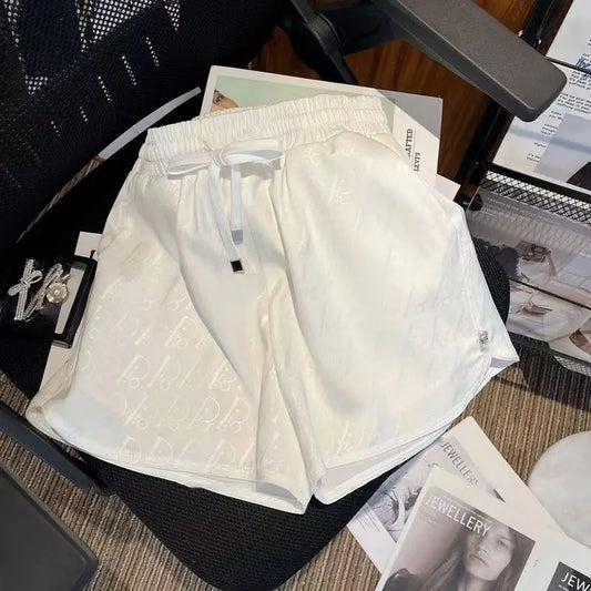 Korean Summer New Women's Clothing Elastic Waist Lacing Printing Ice Silk Fabric Casual Loose Wide Leg High Waist A-line Shorts