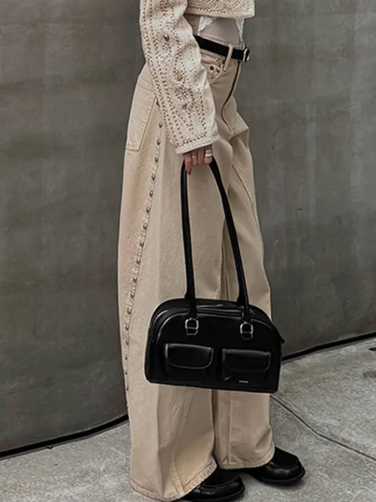 Fashion Solid Rivets Denim Long Pants Women Y2K High Waist Pockets Zipper Beads Straight Jeans Lady Wide Leg Trousers Streetwear