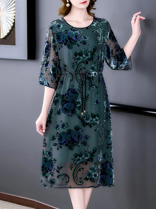 Women Chic Flocking Floral Silk Midi Dress Autumn Jacquard High Quality Dress 2024 Korean Vintage Elegant Bodycon Prom Dresses