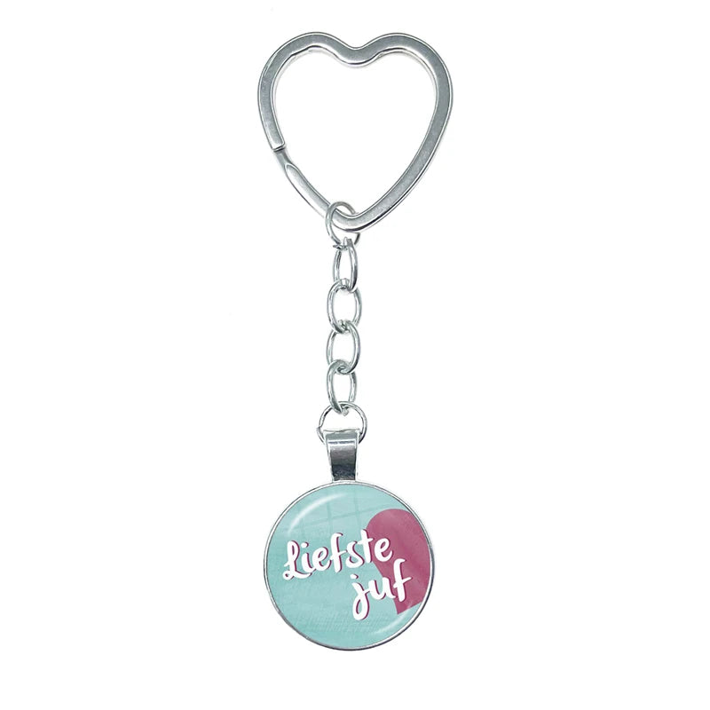 VOOR DE Liefste Juf Sleutelhanger Glass Heart Keychain Anneau Porte Clef Bedankt Juf Cadeau Letter Thank You Dear Teacher Gift