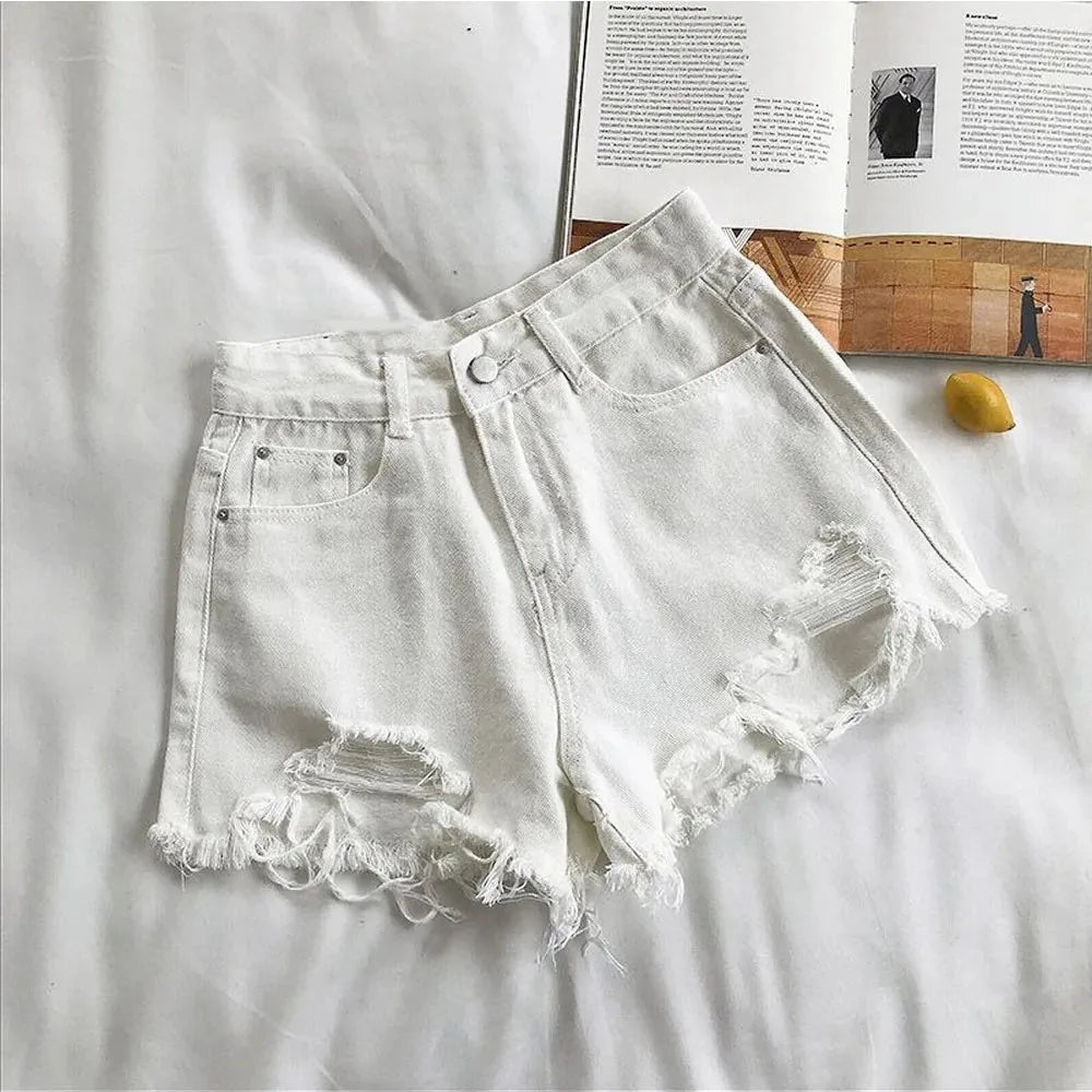 Summer Korean Women's Cowboy Shorts High Waist Casual Blue Denim Shorts Pocket Tassel Perforated Fashion Shorts Y2K Female Jeans