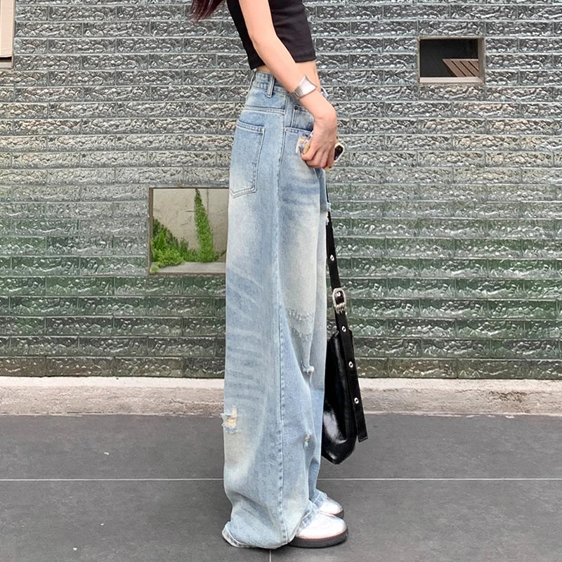 KSTUN Vintage Women's Jeans Wide Leg Ripped Denim Pants Distressed Jeans Women Straight Dragging Pants Hip Hop Motocycle Jeans