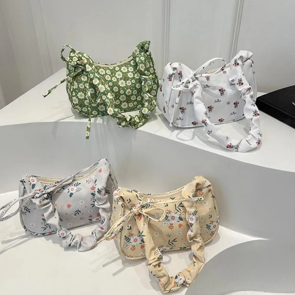 Women's Small Corduroy Handbag - Cute Pleated Shoulder Bag with Half-Moon Flower Print