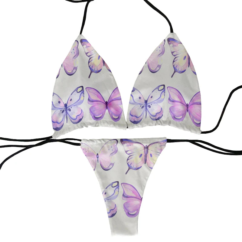 Funny colorful butterfly pattern bikini set swimsuit beach surfing vacation ladies deep V butterfly print bikini fashion gift