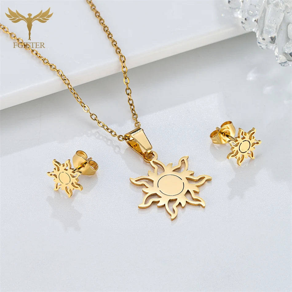 Fashion Sun flower Stud Earrings Pendant Chain Necklace For Women Golden Stainless Steel Jewelry Set Ear Neck Accessories Gifts