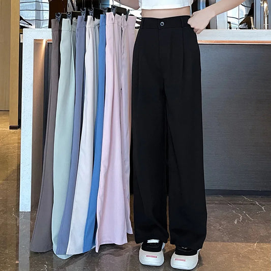 2024 Women Summer Comfortable Leisure Suit Pants Lady Baggy High Waisted Trousers Female Pink Green Wide Leg Straight Leg Slacks