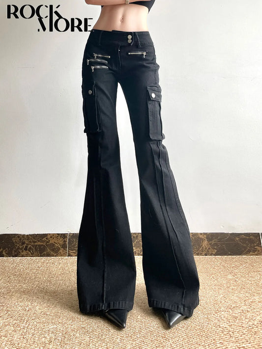 Rockmore Women's Black Slim Skinny Y2K Flare Jeans Metal Zipper Decoration Lady Low-waisted Trousers Aesthetic Streetwear Pants