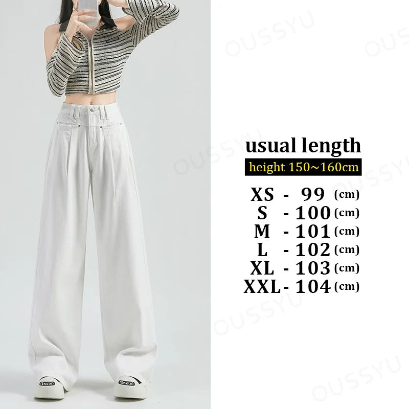 OUSSYU Woman Jeans High Waist Wide Leg Cotton Denim Clothing Loose Straight Pant Fashion Comfort Retro Blue Casual Trousers