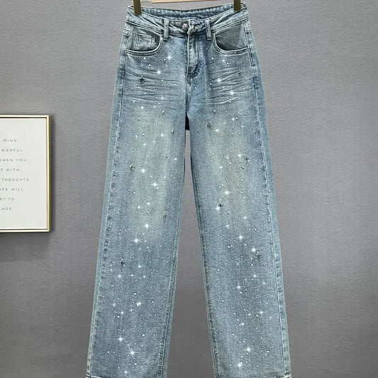 Rhinestone Pendant Design High Waist Wash Jeans Women's Summer Loose Slimming and All-Matching Straight-Leg Pants