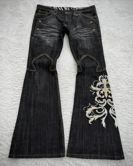 Y2K American Street Rhinestone Embroidery Flared Denim Jeans Casual Baggy Jeans Women High Waist Harajuku Wide Leg Jeans Unisex