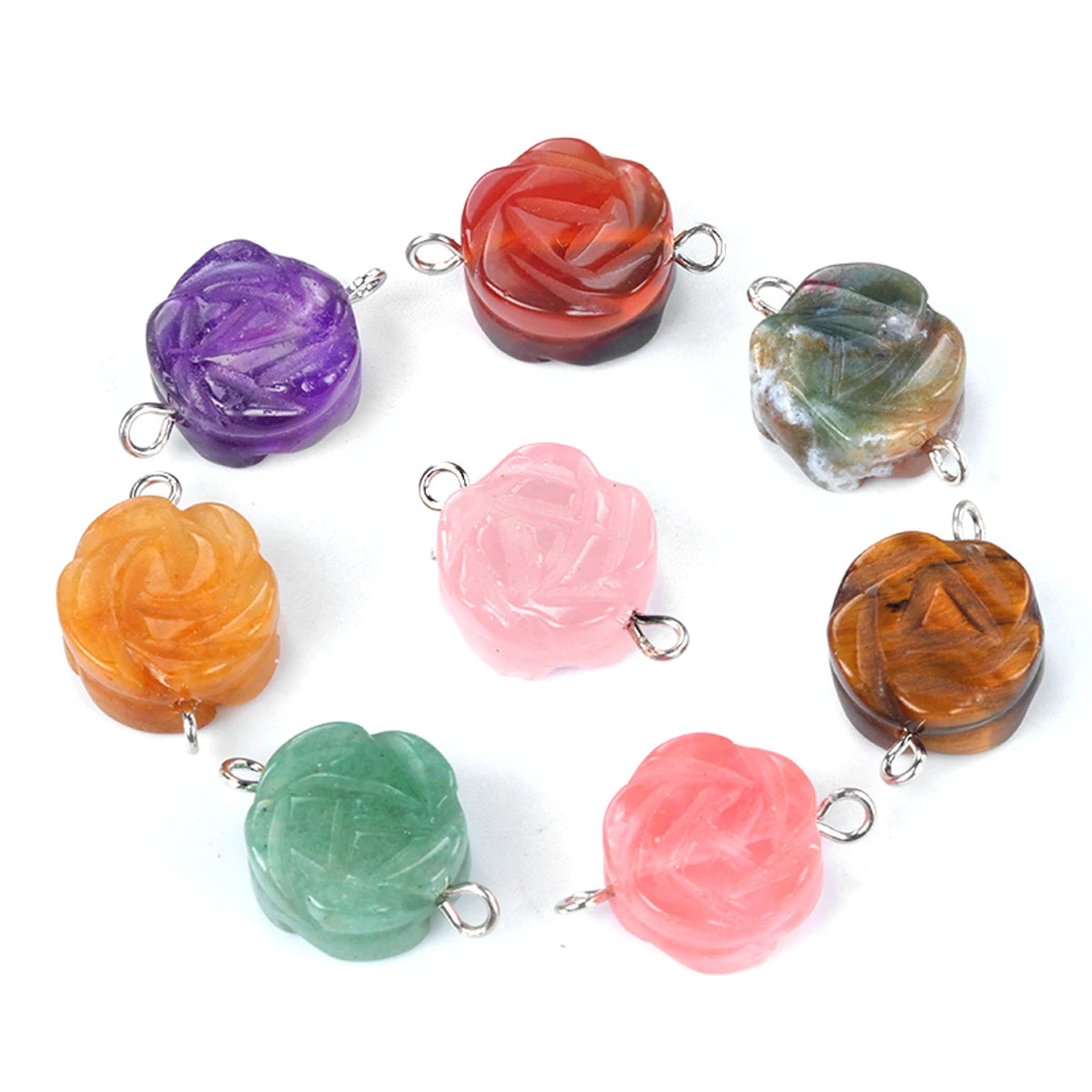 2Pcs Natural Stone Yellow Jade/Agates Rose-Shaped Connector For Jewelry Making DIY Necklace Bracelet Accessory Size 14 mm