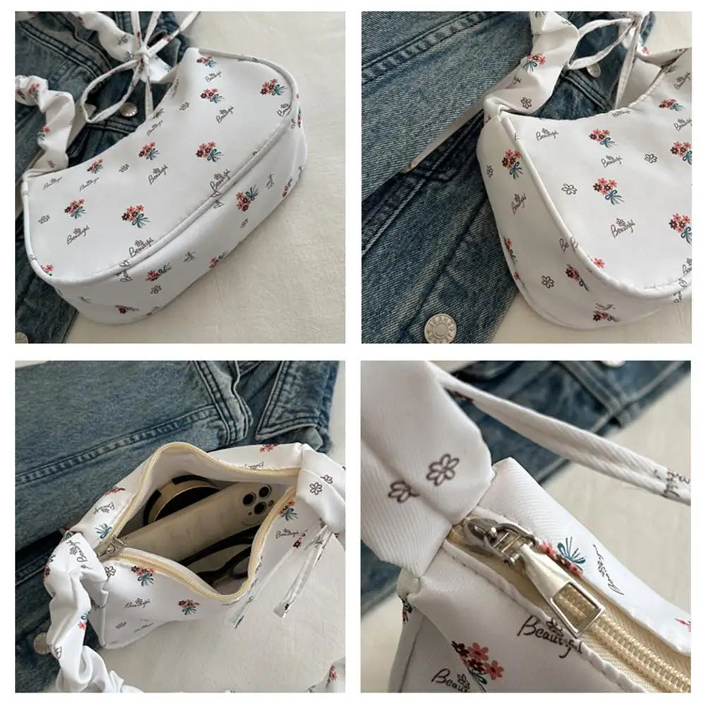 Women's Small Corduroy Handbag - Cute Pleated Shoulder Bag with Half-Moon Flower Print