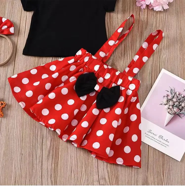 2-Piece Summer New Girls' Suspenders Bow-tie Polka Dot Dress Small Flying Sleeve Polka Dot Pure Black Blouse + Suspenders Skirt