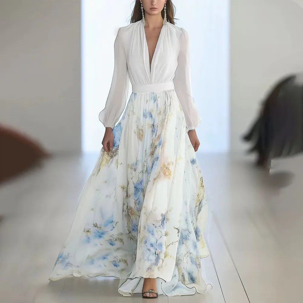 Rochie de vară elegantă cu mânecă lungă și imprimeu floral, casual, cu imprimeu floral, talie înaltă, stil streetwear