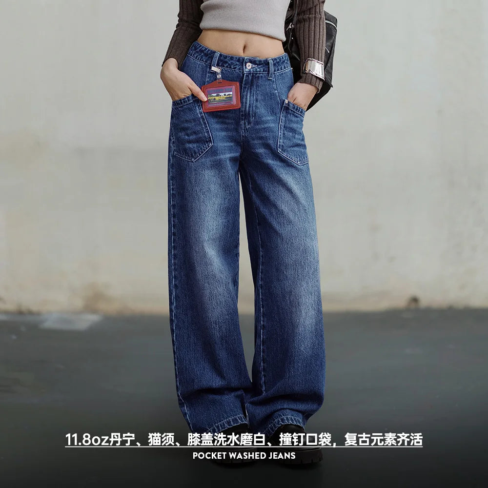 Maden Wide-Leg Jeans for Women 11.8OZ Washed Denim Multipocket Straight Pants Mid-waist Cotton Denim Jeans Streetwear Autumn