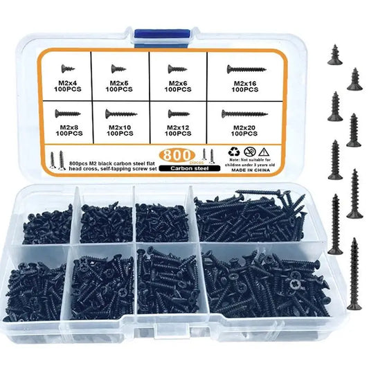 M2 black Flat Head Cross Carbon Steel Self-Tapping Screw 800Pcs, Suitable For Home Improvement, DIY Engineering, Electronic Prod
