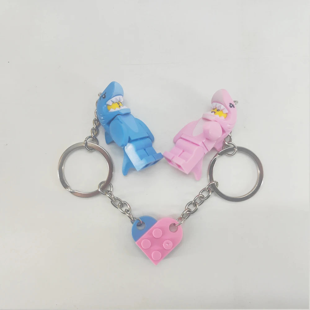 Cartoon Shark Couple Keychains Set - Matching Pink & Blue Anime Keyring Charms for Lovers, Cute Bag/Car Decor Gift for Him Her