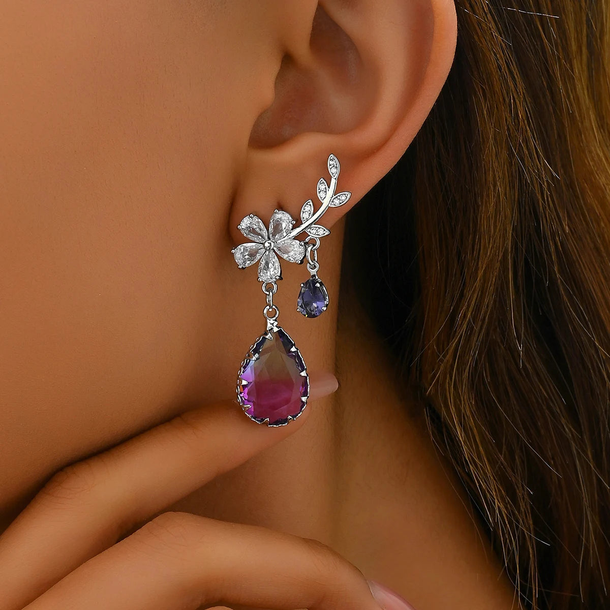 Elegant Flower Water Drop Purple Crystal Zircon Dangle Stud Earrings For Women Fashion Temperament Earrings Luxury Jewelry