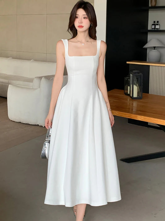 2025 New White Square Collar Sling Sexy Long Dress Women Elegant Luxury Dance Party Dress Summer Korean Vintage Bodycon Vestidos