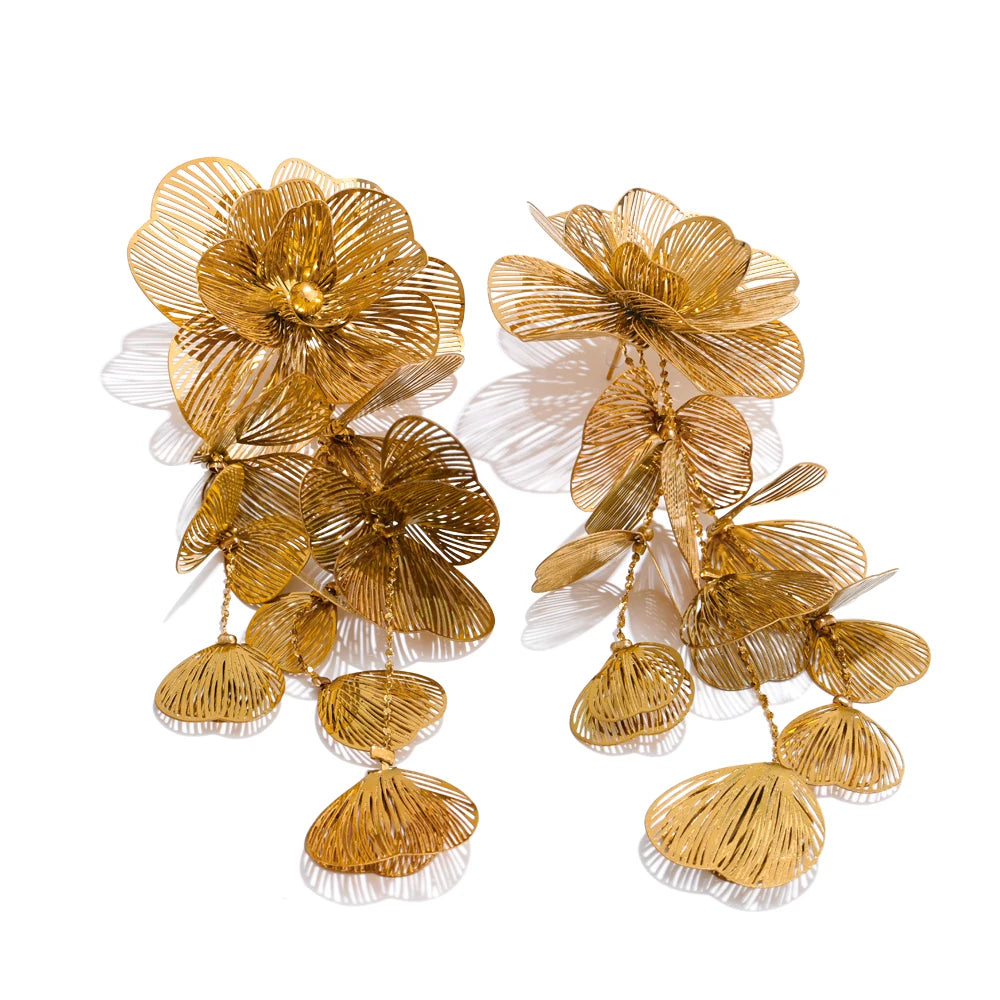 Yhpup Stainless Steel Big Flower Tassel Drop Dangle Exaggerated Earrings Metal Fashion Eye-Catching Party Jewelry Hypoallergenic