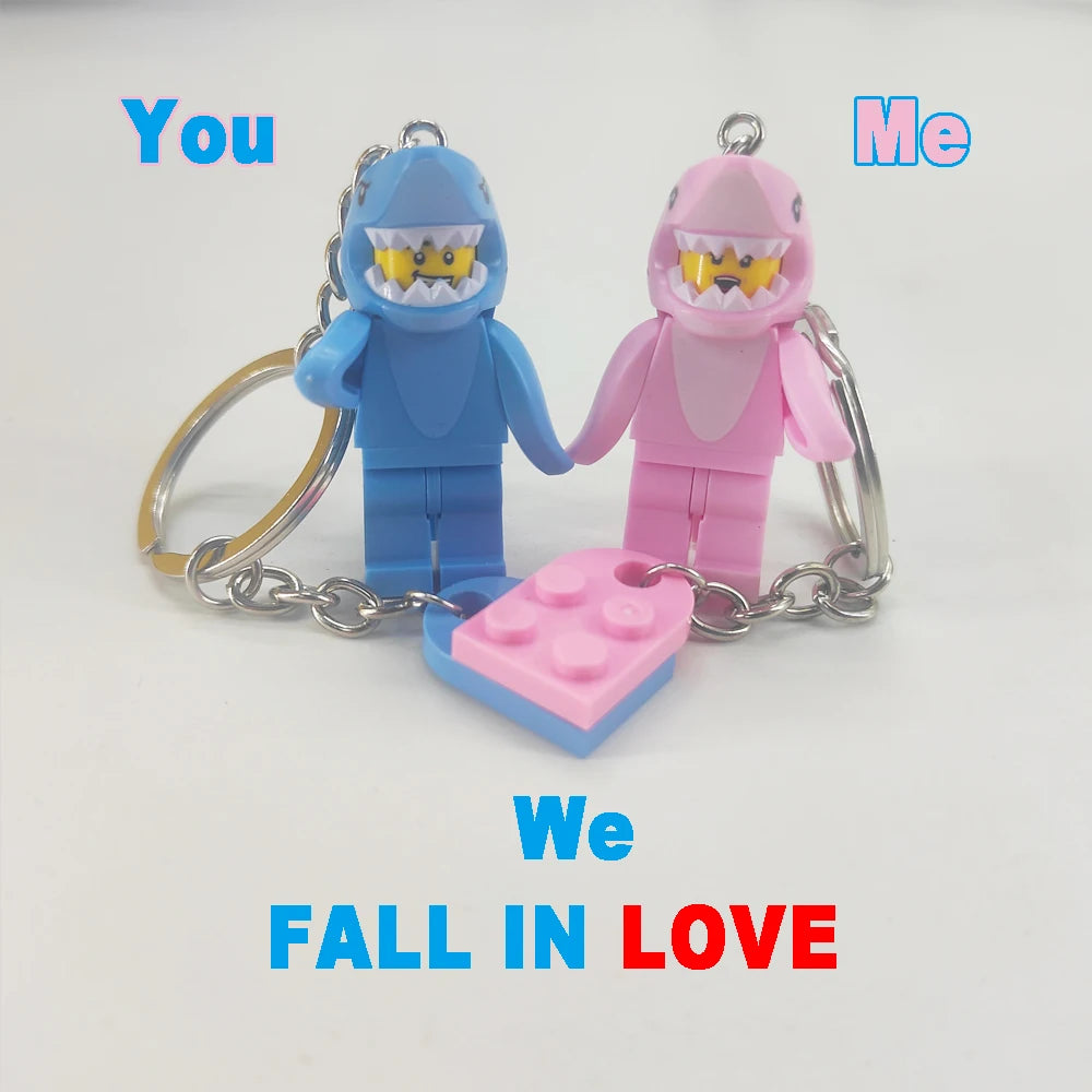 Cartoon Shark Couple Keychains Set - Matching Pink & Blue Anime Keyring Charms for Lovers, Cute Bag/Car Decor Gift for Him Her
