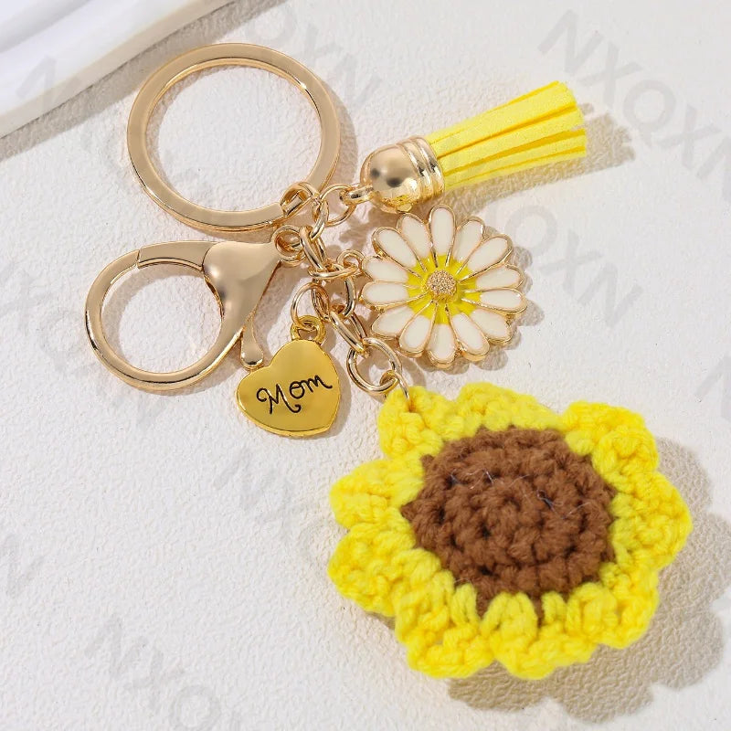 Cartoon Handmade Yarn Sunflower Heart Enamel Keychain Plant Flower Mom Key Ring For Women Mother's Day Gift Handmade Jewelry