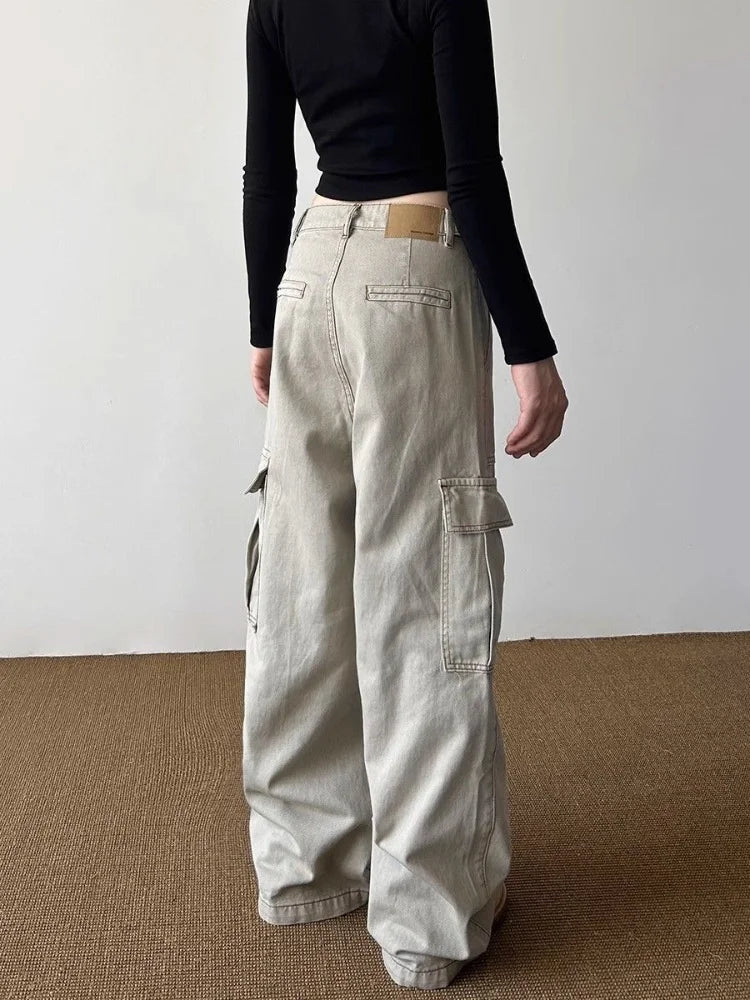 2024 Ropa Mujer Y2K Fashion Light Khaki Baggy Cargo Jeans Pants For Women Clothes Wide Leg Casual Lady Trousers Pantalon Femme