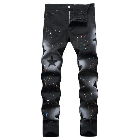 2024 Autumn New Mens Fashion Black Jeans Spray Painting Slim Straight Jeans High Quality Jean Homme Male Denim Pants