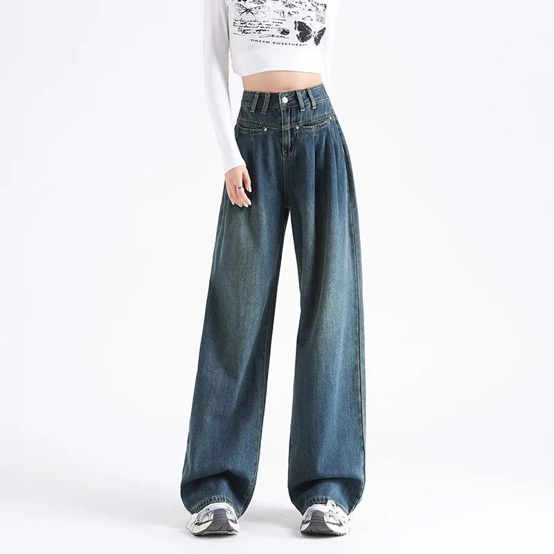 OUSSYU Woman Jeans High Waist Wide Leg Cotton Denim Clothing Loose Straight Pant Fashion Comfort Retro Blue Casual Trousers