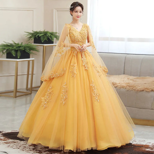 New Gold Embroidery Long Puffy Dress Host Performance Graduation Dress Birthday Party Bride Bridesmaid Dress Prom Dresses