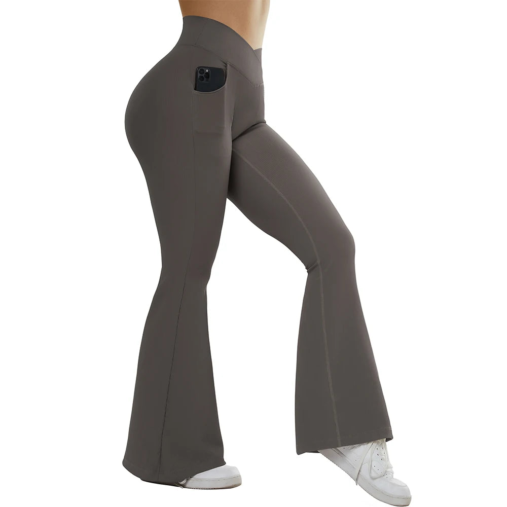 Women's Flared Pants with Pockets Flared Leg Yoga Pants Fitness Casual Tummy Control V Waist  Long Pants Yoga Leggings Women