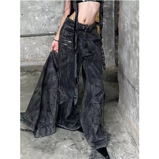 Black Jeans Women American Style Y2K 90S Vintage High Waisted Jean Straight Trouser Streetwear Casual Loose Wide Leg Denim Pants