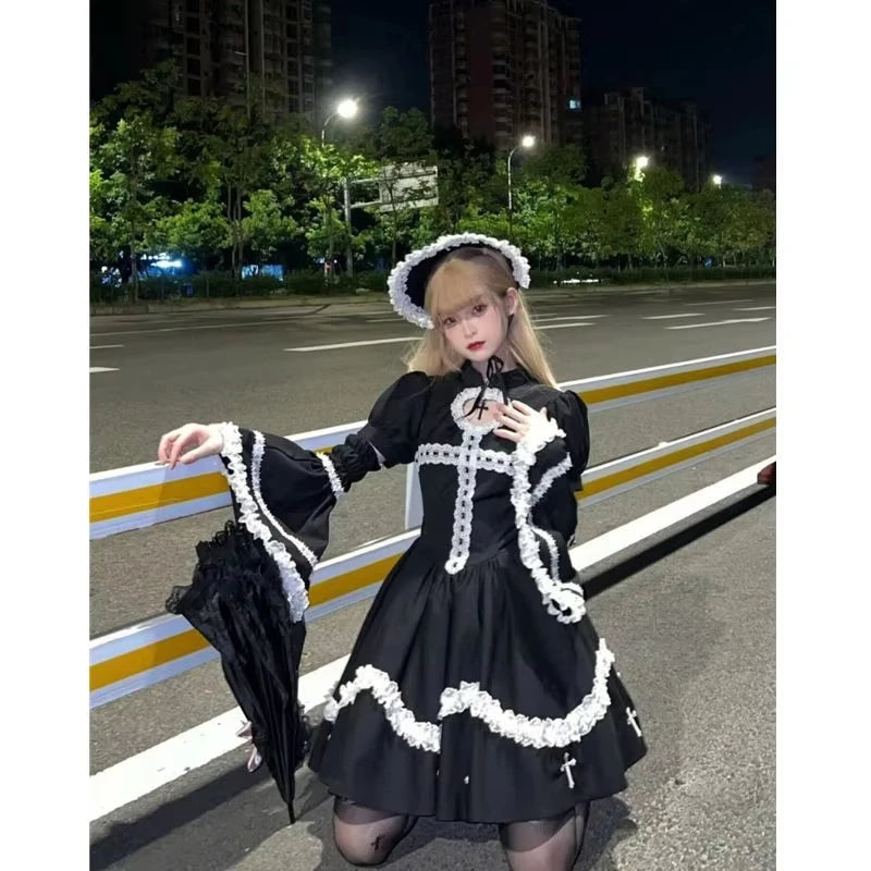 Y2K Black Mini Dress Women Harajuku Gothic Cross Ruffles Dresses Japanese Kawaii Lolita Lace Puff Short Sleeve Bodycon Vestidos